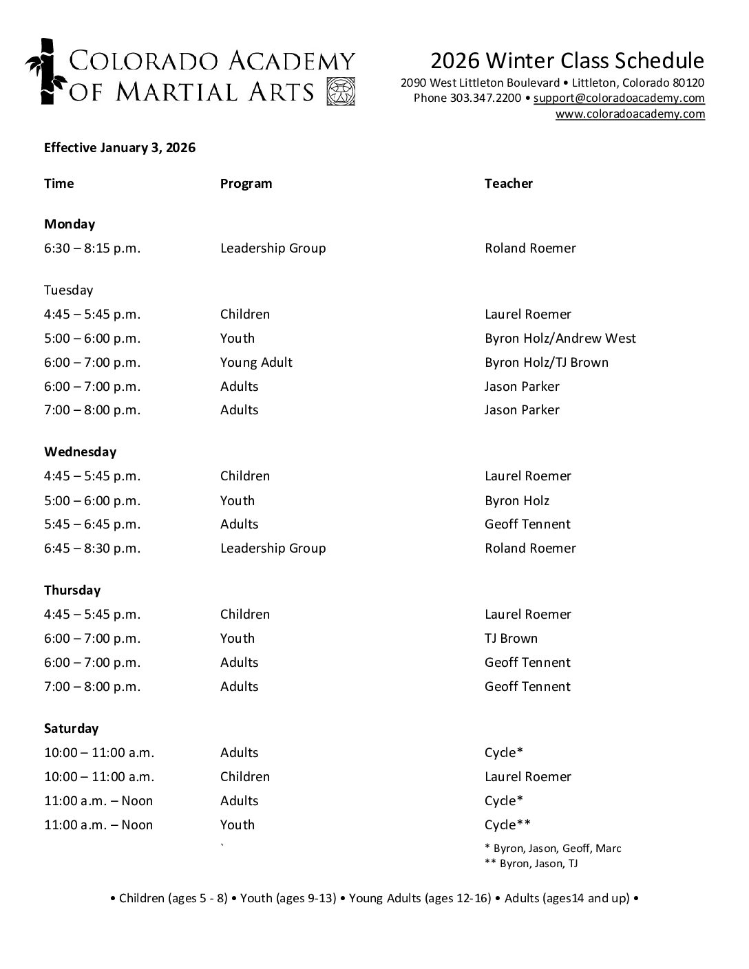Winter 2026 class schedule for Colorado Academy of Martial Arts